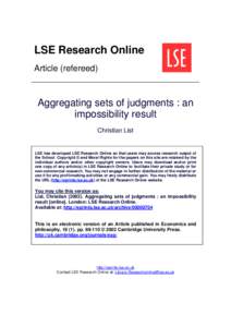 LSE Research Online Article (refereed) Aggregating sets of judgments : an impossibility result Christian List