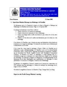 PRESS SECRETARIAT MINISTRY OF THE PRIME MINISTER & CABINET Apia, Samoa  Telephone : ([removed]ext 746, 747, 748, ([removed], ([removed]