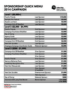 SPONSORSHIP QUICK MENU 2014 CAMPAIGN Level 1 ($5,000+) Fare for Friends  Lead Sponsor: