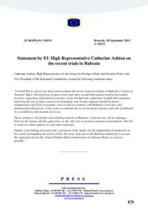 EUROPEAN UNION  Brussels, 30 September 2011 A[removed]Statement by EU High Representative Catherine Ashton on