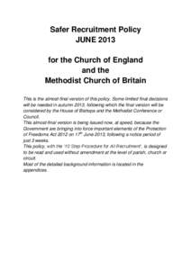 Safer Recruitment Policy JUNE 2013 for the Church of England