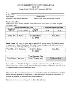 PLEASE RETURN THIS FORM BY FEBRUARY 5th SEND TO: Valerie Wood * 889 CR 131 * Centerville, TX[removed]Name: ____________________________________________________________________________ Mailing Address: _____________________