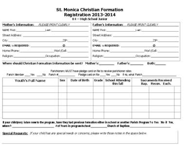 St. Monica Christian Formation Registration[removed]K4 — High School Junior