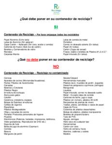 ¿Qué debe poner en su contenedor de reciclaje?  SI Contenedor de Reciclaje – Por favor enjuague todos los reciclables Papel Aluminio (Echo bola) Latas de Aluminio (Sin aplanar)