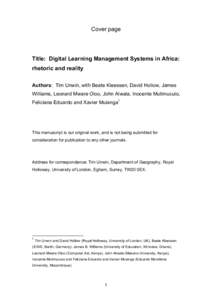 Cover page  Title: Digital Learning Management Systems in Africa: rhetoric and reality Authors: Tim Unwin, with Beate Kleessen, David Hollow, James Williams, Leonard Mware Oloo, John Alwala, Inocente Mutimucuio,