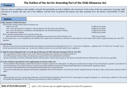 Purpose  The Outline of the Act for Amending Part of the Child Allowance Act This law aims to contribute to the stability of family life and healthy growth of children who are bearers of the society of the next generatio