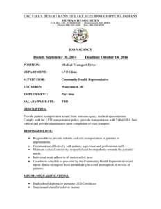 JOB VACANCY  Posted: September 30, 2014 Deadline: October 14, 2014