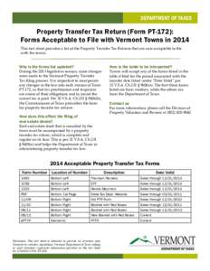 DEPARTMENT OF TAXES  Property Transfer Tax Return (Form PT-172): Forms Acceptable to File with Vermont Towns in 2014 This fact sheet provides a list of the Property Transfer Tax Returns that are now acceptable to file wi