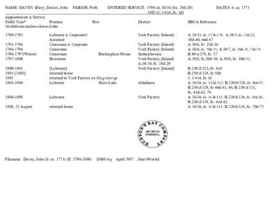 NAME: DAVEY (Davy, Davie), John     PARISH: Firth[removed]ENTERED SERVICE: 1790 (A