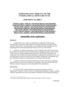 IMF Administrative Tribunal Judgment No[removed]: Elizabeth A. Baker, Gamal Zaki El-Masrv, Atish Rex Ghosh, Meral Karasulu, Marco Pani, Carlos E. Piñerúa,, Binta B. Terrier, Applicant v. International Monetary Fund, Res