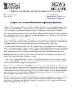 Oregon insurance administrator accepts federal position