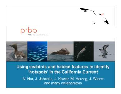 PRBO Conservation Science  Using seabirds and habitat features to identify ‘hotspots’ in the California Current N. Nur, J. Jahncke, J. Howar, M. Herzog, J. Wiens and many collaborators