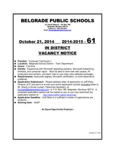 BELGRADE PUBLIC SCHOOLS 312 North Weaver – PO Box 166 Belgrade, Montana[removed]Telephone: ( [removed]Email: klockart @belgr adeschools.com