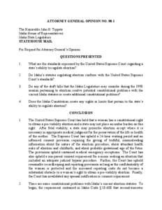 ATTORNEY GENERAL OPINION NO[removed]The Honorable John H. Tippets Idaho House of Representatives Idaho State Legislature STATEHOUSE MAIL Per Request for Attorney General’s Opinion