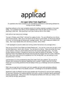 - An open letter from AppliCad – To operators who have invested or are considering investment in estimating software for roofing and wall cladding. AppliCad software is the most complete solution for roofing materials 