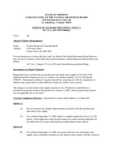 STATE OF VERMONT LAND USE PANEL OF THE NATURAL RESOURCES BOARD 1229 Portland Street, Suite 201 St. Johnsbury, Vermont[removed]NOTICE OF ALLEGED VIOLATION (