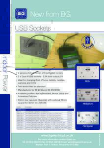 New from BG USB Sockets Indoor Power  •	2 gang switched socket with outboard rockers