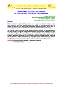 International Women Online Journal of Distance Education January, 2015 Volume: 4 Issue: 2 Article: 01 ISSN: WOMEN AND DISTANCE EDUCATION IN DEVELOPING COUNTRIES: The Challenges