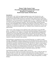 Pioneer Valley Energy Center Prevention of Significant Deterioration Permit Response to Comments on Draft Permit Number[removed]MA15