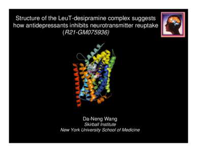 Structure of the LeuT-desipramine complex suggests how antidepressants inhibits neurotransmitter reuptake (R21-GM075936) Da-Neng Wang Skirball Institute