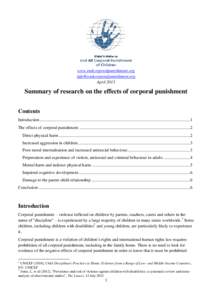 www.endcorporalpunishment.org  April 2013 Summary of research on the effects of corporal punishment Contents
