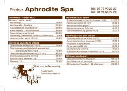 Preise  Aphrodite Spa Wellness- Reise 1h30 Hammam• sauna• jacuzzi