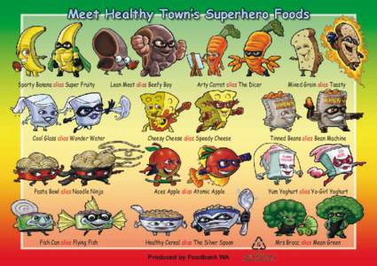 Meet Healthy Town’s Superhero Foods  Sporty Banana alias Super Fruity Lean Meat alias Beefy Boy