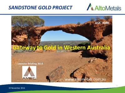 SANDSTONE GOLD PROJECT ASX: AME Gateway to Gold in Western Australia Investor Briefing 2016