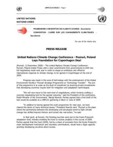 PRESS RELEASE - United Nations Climate Change Conference - Poznań, Poland Lays Foundation for Copenhagen Deal