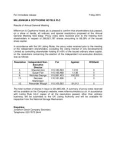 For immediate release  7 May 2015 MILLENNIUM & COPTHORNE HOTELS PLC Results of Annual General Meeting