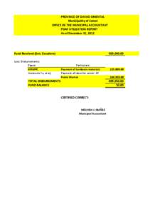 PROVINCE OF DAVAO ORIENTAL Municipality of Cateel OFFICE OF THE MUNICIPAL ACCOUNTANT PDAF UTILIZATION REPORT As of December 31, 2012