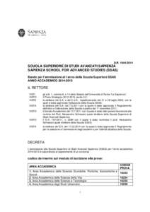 D.R[removed]SCUOLA SUPERIORE DI STUDI AVANZATI SAPIENZA SAPIENZA SCHOOL FOR ADVANCED STUDIES (SSAS) Bando per l’ammissione al I anno della Scuola Superiore SSAS ANNO ACCADEMICO[removed]