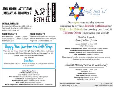 42nd Annual Art Festival January 31 - February 2 Saturday, January 31 Purchase Award Reception 1:00 - 4:00 pm Sponsors & Benefactors 6:[removed]:00 pm Donors 7:[removed]:00 pm