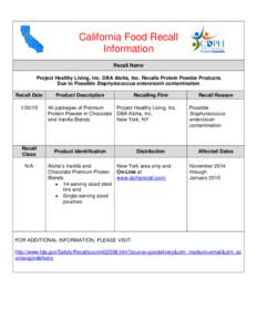 California Food Recall Information Recall Name Project Healthy Living, Inc. DBA Aloha, Inc. Recalls Protein Powder Products Due to Possible Staphylococcus enterotoxin contamination Recall Date