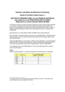 NATIONAL CORONERS’ INFORMATION SYSTEM (NCIS) ISSUES OF INTEREST SERIES (Edition 1) DEATHS OF PERSONS AGED 13 to 25 YEARS IN AUSTRALIA (EXCLUDING QLD & SA) WHICH INVOLVED ALCOHOL (Reported to a coroner between 2003 and 