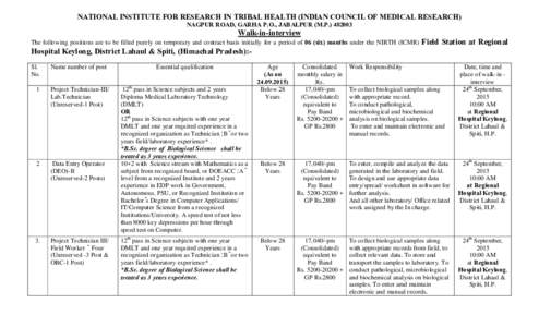 NATIONAL INSTITUTE FOR RESEARCH IN TRIBAL HEALTH (INDIAN COUNCIL OF MEDICAL RESEARCH) NAGPUR ROAD, GARHA P.O., JABALPUR (M.PWalk-in-interview The following positions are to be filled purely on temporary and con