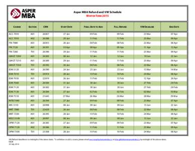 Asper MBA Refund and VW Schedule WINTER TERM 2015 COURSE  SECTION