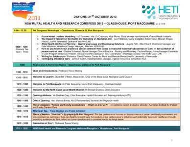 DAY ONE, 21ST OCTOBER 2013 NSW RURAL HEALTH AND RESEARCH CONGRESS 2013 – GLASSHOUSE, PORT MACQUARIE (as at[removed] – 12.00 Pre Congress Workshops – Glasshouse, Clarence St, Port 1.