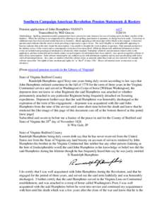 Southern Campaign American Revolution Pension Statements & Rosters Pension application of John Humphries VAS1671 Transcribed by Will Graves vsl[removed]