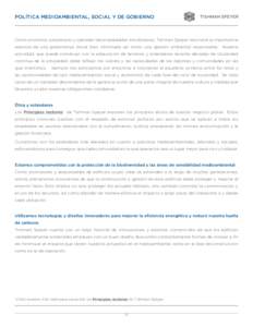 Política medioambiental, social y de gobierno  Como promotor, propietario y operador de propiedades inmobiliarias, Tishman Speyer reconoce la importancia esencial de una gobernanza social bien informada así como una ge