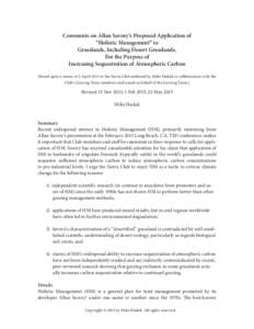 Comments on Allan Savory’s Proposed Application of “Holistic Management” to Grasslands, Including Desert Grasslands, For the Purpose of Increasing Sequestration of Atmospheric Carbon (Based upon a memo of 2 April 2