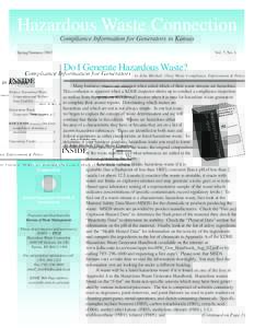 Hazardous Waste Connection Compliance Information for Generators in Kansas Spring/Summer 2003 Vol. 7, No. 1