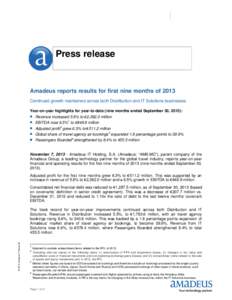 Press release  Amadeus reports results for first nine months of 2013 Continued growth maintained across both Distribution and IT Solutions businesses Year-on-year highlights for year-to-date (nine months ended September 