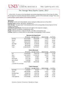 The Average Reno/Sparks Casino, 2012 In fiscal 2012, 23 casinos in the Reno/Sparks area produced gaming revenue of more than $1 million. The averages for several key financial statistics produce a picture of the statisti