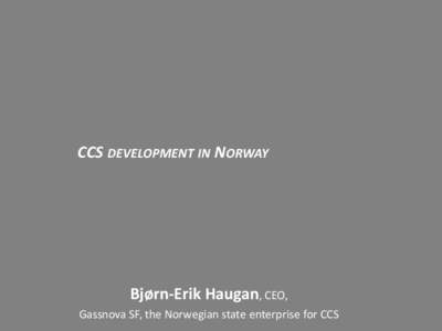 CCS DEVELOPMENT IN NORWAY  Bjørn-Erik Haugan, CEO, Gassnova SF, the Norwegian state enterprise for CCS  SLEIPNER: 16 YRS OF SUB SEA BED CO2 STORAGE