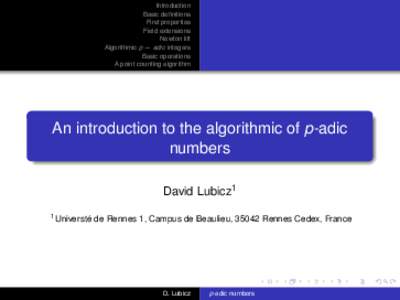 Field theory / P-adic number / Valuation / Prime number / Field / Elliptic curve / Singly and doubly even / P-adically closed field / P-adic quantum mechanics / Abstract algebra / Mathematics / Algebra