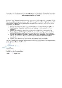 Variation of determination of classifications or grad.es as equivalent to senior officer classifrcation or grade I, Graeme Head, Public Service Commissioner, in pursuance of clause I (t) (b) of Schedule 4 to the Gouernme