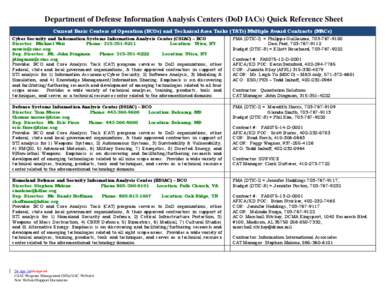 Department of Defense Information Analysis Centers (DoD IACs) Quick Reference Sheet Current Basic Centers of Operation (BCOs) and Technical Area Tasks (TATs) Multiple Award Contracts (MACs) Cyber Security and Information