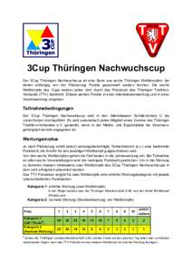 3Cup Thüringen Nachwuchscup Der 3Cup Thüringen Nachwuchscup ist eine Serie aus sechs Thüringer Wettkämpfen, bei denen abhängig von der Platzierung Punkte gesammelt werden können. Die sechs Wettkämpfe des Cups werd