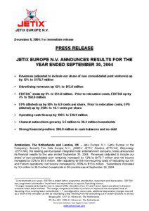 JETIX EUROPE N.V. December 8, 2004: For immediate release